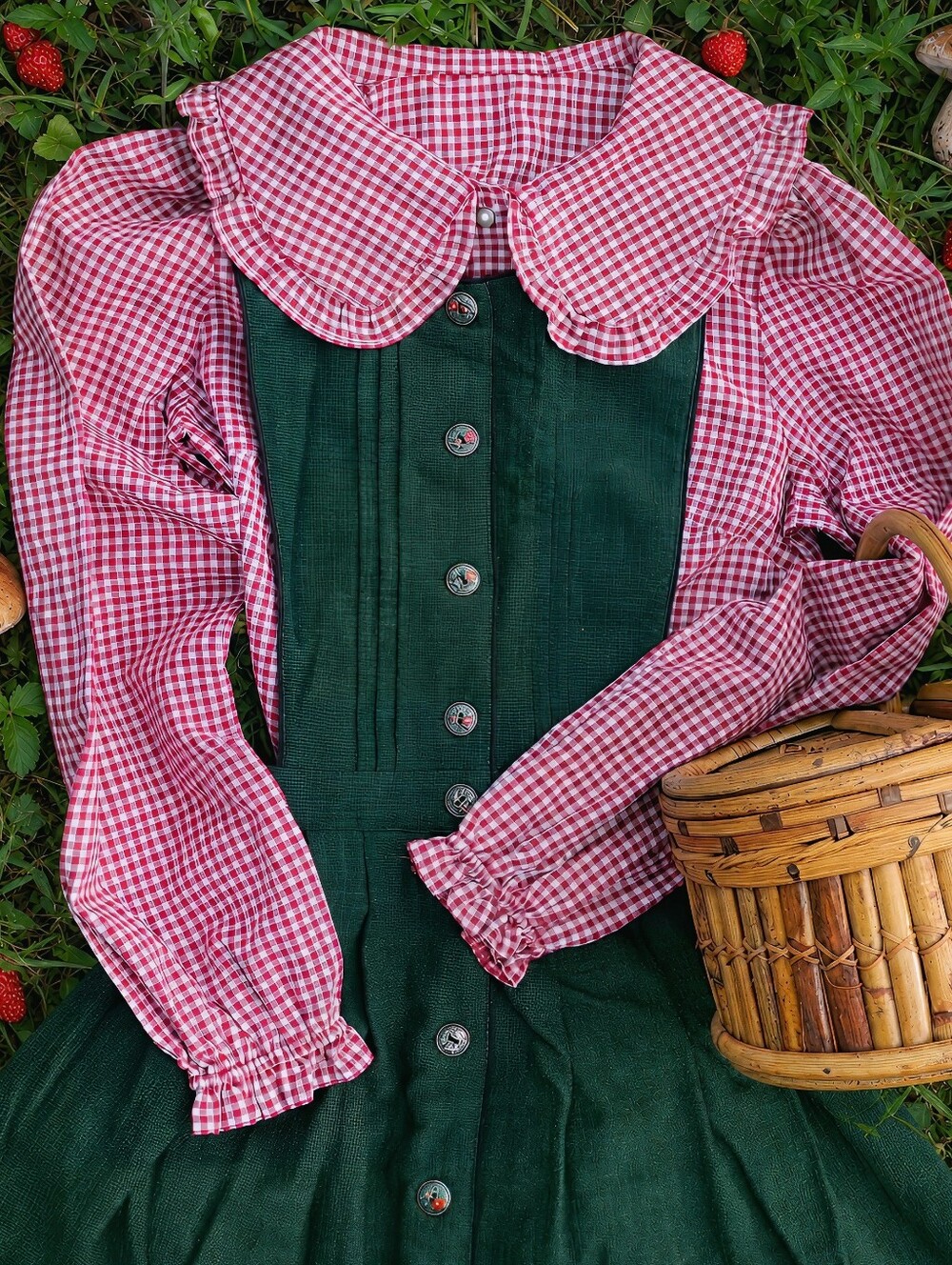 Vintage Pinafore Dirndl with Gingham Blouse, Holiday Outfit, Christmas